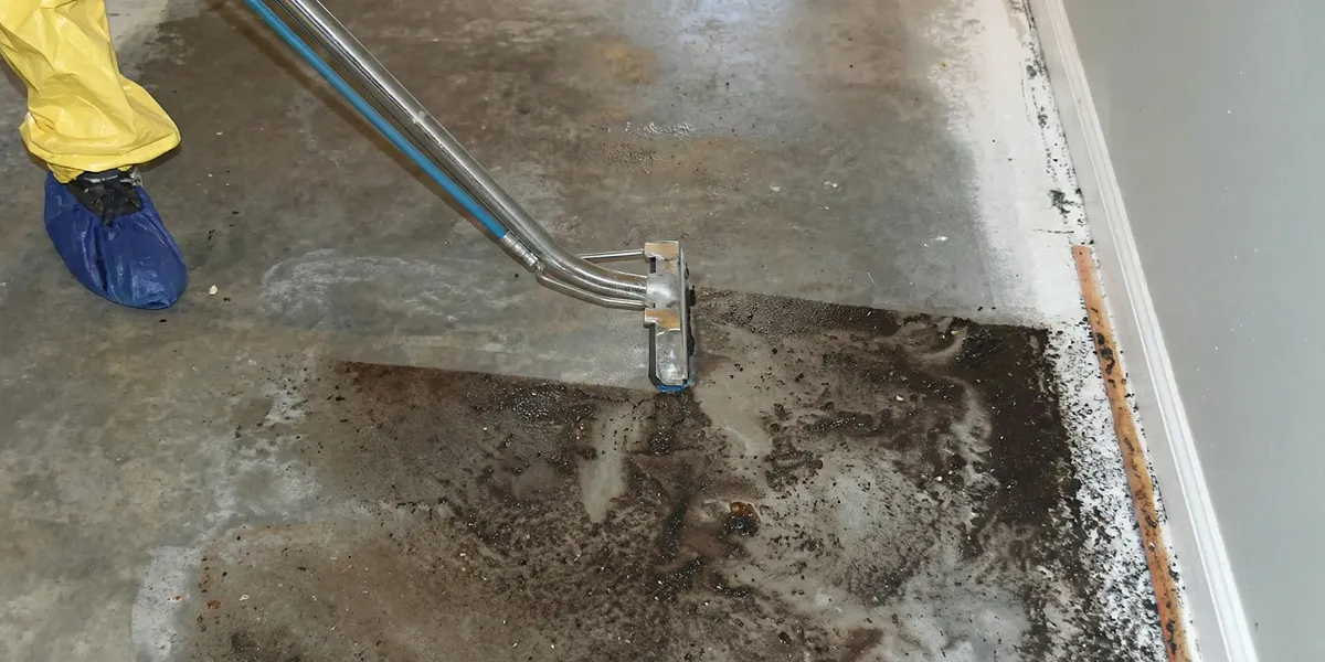 sewage removal technicians extracting contaminated wastewater from a residential floor in Worcester, MA
